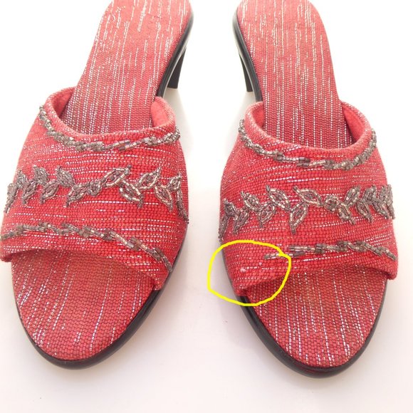 Red and silver metallic fabric beaded mid heel mules size 7.5 - Picture 3 of 10